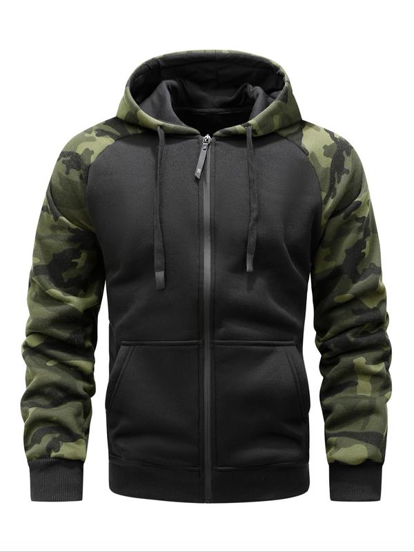 Men's Camo Patchwork Pocket Thermal Lined Zip Up Hooded Sports Coat, Regular Fit Casual Long Sleeve Drawstring Outerwear for Fall & Winter, Men's Sportswear for Gym Workout Running