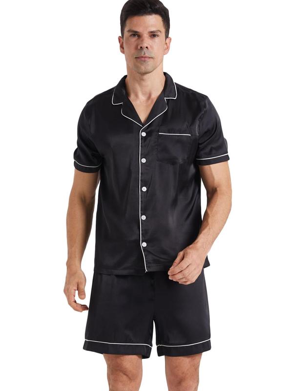 Two-Piece Set Men's Contrast Binding Satin Pyjama Set, Loose Casual Comfy Short Sleeve Button Front Shirt & Elastic Waist Shorts PJ Set, Men's Sleepwear for Summer