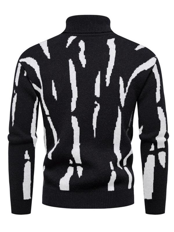 Men's All Over Print Turtle Neck Sweater, Regular Fit Long Sleeve Jumper Top for Fall & Winter, Men's Knit Clothing for Casual Daily Wear