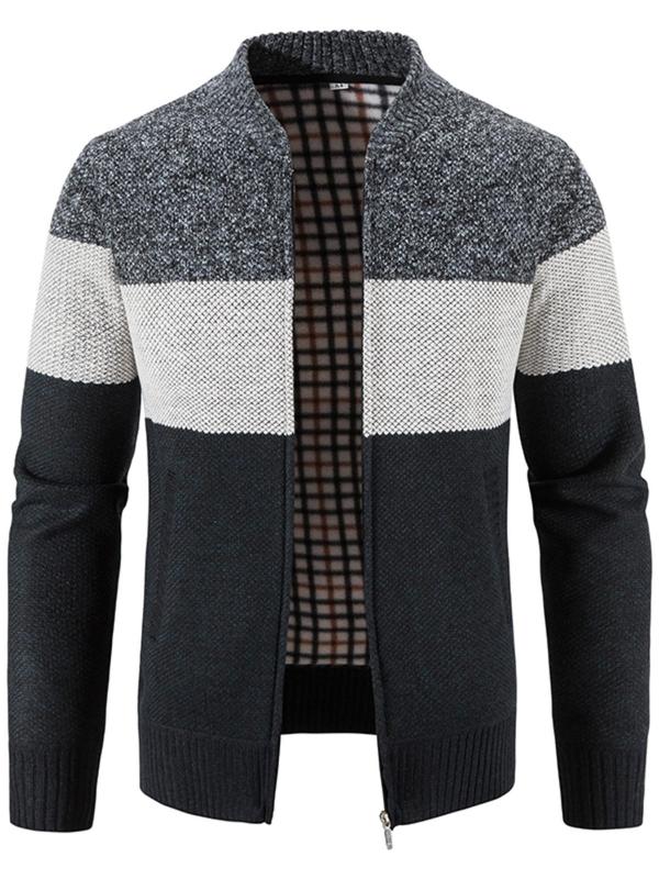 Men's Colorblock Zipper Cardigan, Casual Regular Fit Mock Neck Pocket Knitwear, Men's Clothes For Daily Wear