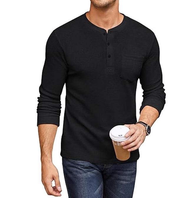 COOFANDY Men's Henry Shirt Long Sleeve Basic Waldorf Knitted Sweater, Pocket Knitted Basic Knitted Sweater, Men's Top Underwear Undercover, Front 4 1 Button Long Sleeve with Pocket Knitted Pullover black friday