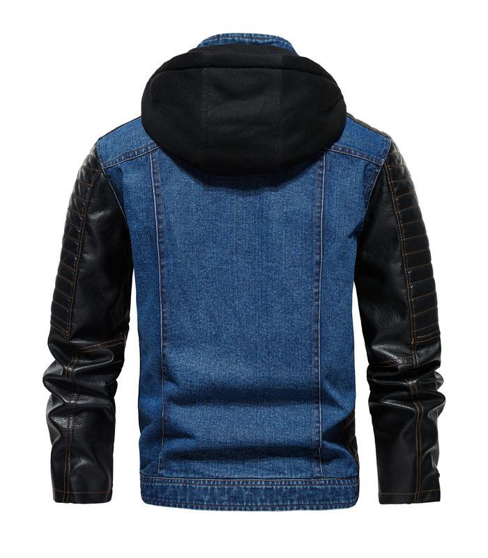 INVACHI Men's Denim Jacket Hooded Jean Jacket with Faux Leather Patchwork Lightweight Jacket with Detachable Hood