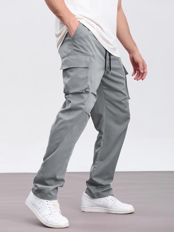 Men's Solid Flap Pocket Drawstring Waist Cargo Pants, Loose Casual Street Fashion Pants for Daily Wear, Men's Trousers for All Seasons