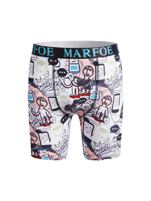 Men's All Over Cartoon Print Boxer Brief, Casual Comfy Breathable Letter Tape Underwear for Daily Wear, Mens Underwear for All Seasons