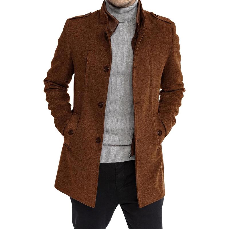 Runcati Mens Trench Coat Long Sleeve Stand Collar Single Breasted Pea Coat Casual Mid Long Slim Fit Overcoat with Pockets