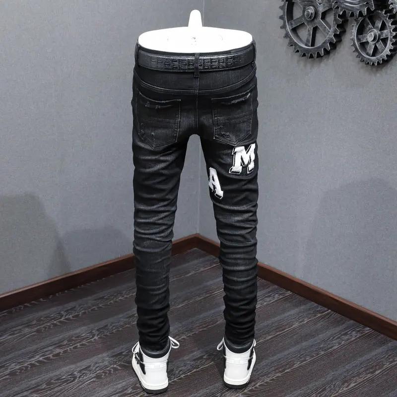 New fashion designer men's jeans stretch slim fit retro black embroidered ripped patch jeans High Street hip-hop brand pants Hom