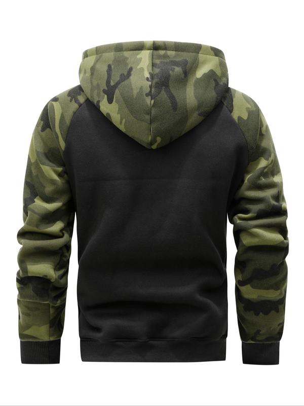 Men's Camo Patchwork Pocket Thermal Lined Zip Up Hooded Sports Coat, Regular Fit Casual Long Sleeve Drawstring Outerwear for Fall & Winter, Men's Sportswear for Gym Workout Running