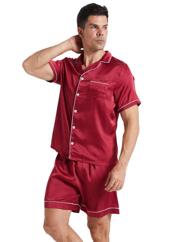 Two-Piece Set Men's Contrast Binding Satin Pyjama Set, Loose Casual Comfy Short Sleeve Button Front Shirt & Elastic Waist Shorts PJ Set, Men's Sleepwear for Summer