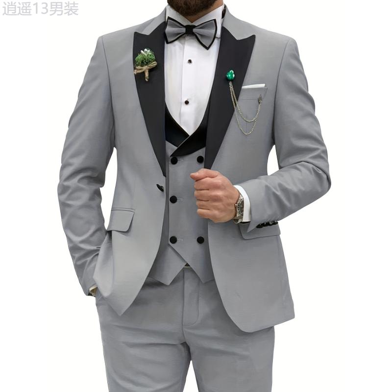 3pcs Men's Slim Fit Double Breasted Suit Set - Classic Lapel Jacket, Vest, and Suit Pants for Wedding, Banquet, Party, Business Occasions - High-Quality Male Clothing for Formal Events Menswear Polyester Collar Tops