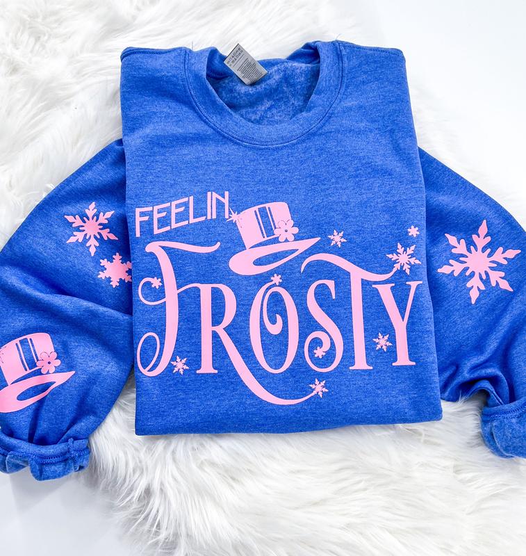 Feelin' Frosty Retro Christmas Sweatshirt or Hoodie with sleeve prints Comfy Unisex Tops