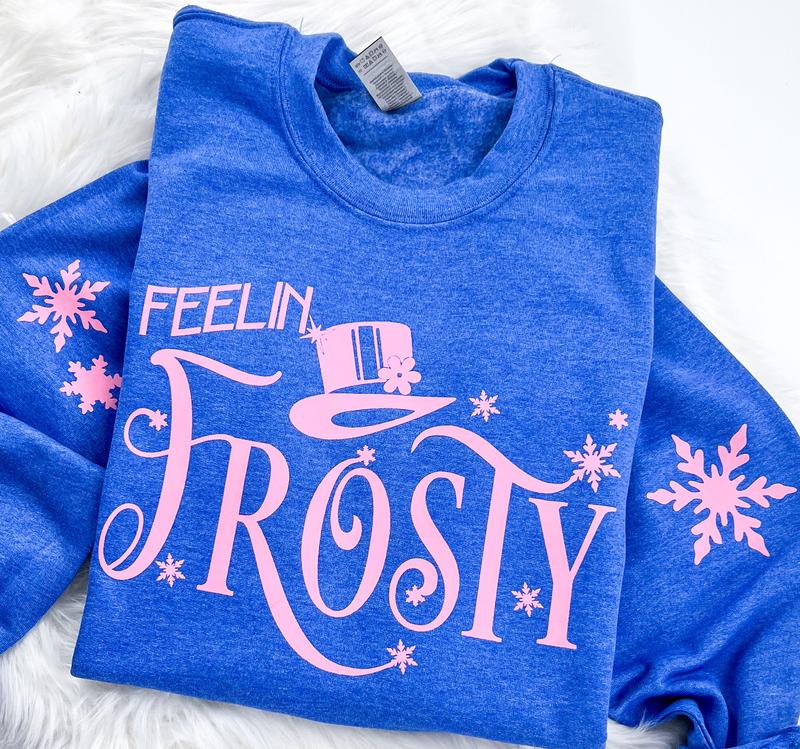 Feelin' Frosty Retro Christmas Sweatshirt or Hoodie with sleeve prints Comfy Unisex Tops