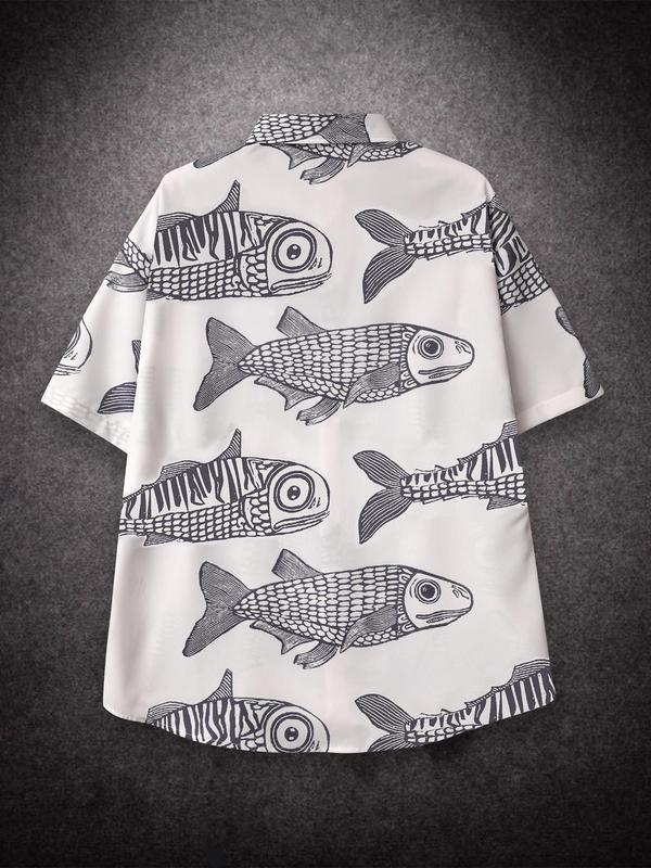 Men's Fish Print Button Front Shirt, Loose Casual Short Sleeve Collar Shirt for Summer, Men's Top for Beach Vacation