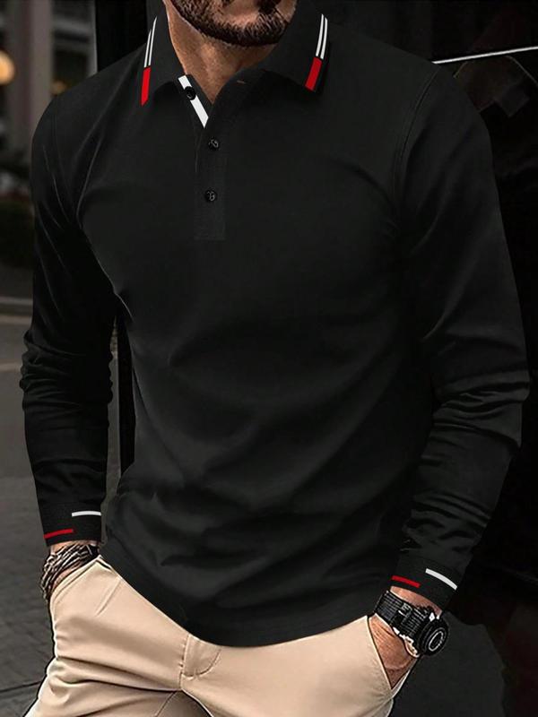 Men's Patchwork Half Button Polo Shirt, Business Long Sleeve Collared Top for Spring & Fall, Men's Clothes for Daily Wear