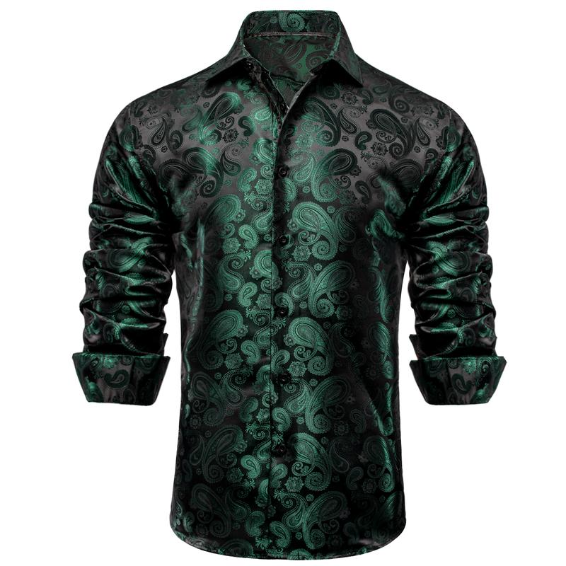 Black Deep Green Paisley Mens Long Sleeve Dinner Shirt Collar Casual Classic Menswear