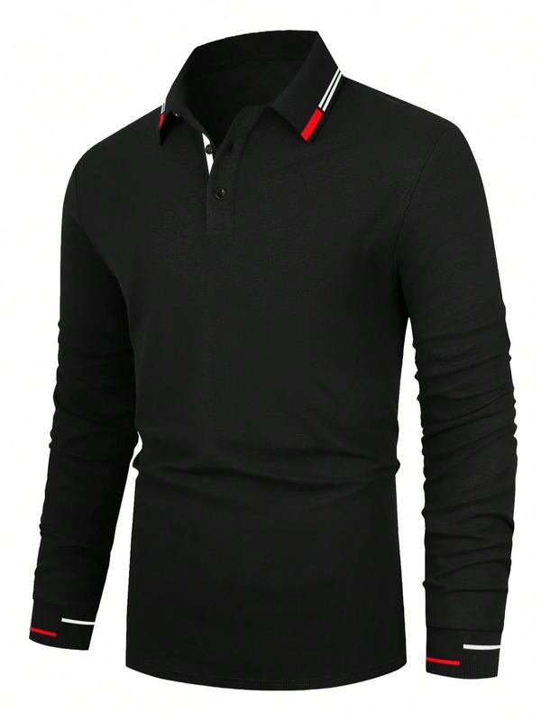 Men's Patchwork Half Button Polo Shirt, Business Long Sleeve Collared Top for Spring & Fall, Men's Clothes for Daily Wear