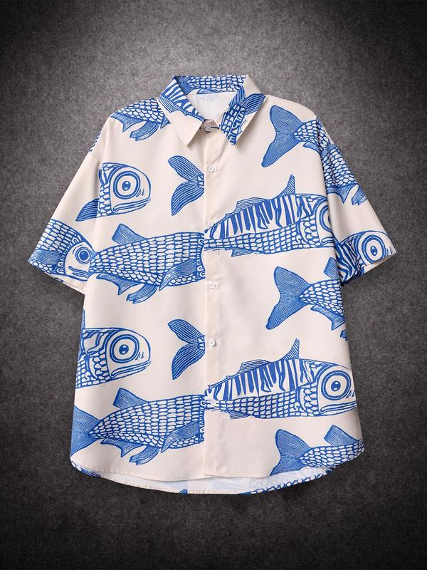 Men's Fish Print Button Front Shirt, Loose Casual Short Sleeve Collar Shirt for Summer, Men's Top for Beach Vacation