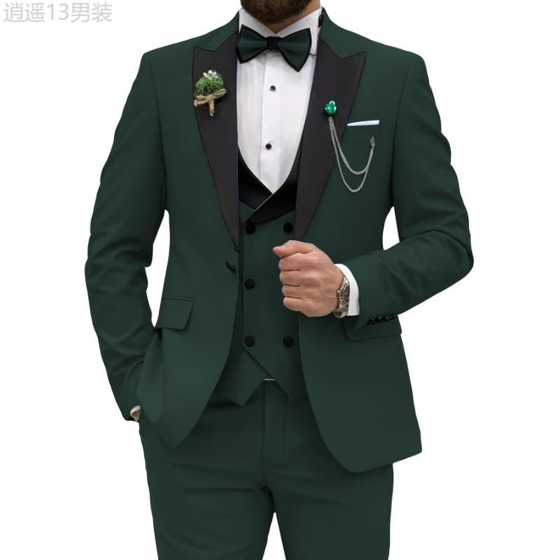 3pcs Men's Slim Fit Double Breasted Suit Set - Classic Lapel Jacket, Vest, and Suit Pants for Wedding, Banquet, Party, Business Occasions - High-Quality Male Clothing for Formal Events Menswear Polyester Collar Tops