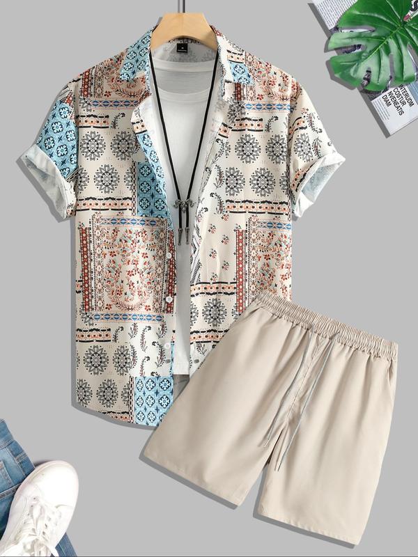 Two Counts Men's Ethnic Pattern Button Front Shirt & Plain Drawstring Pocket Shorts Set, Boho Casual Loose Short Sleeve Collared Top & Elastic Waist Shorts for Summer, Men's Fashion Outfits for Beach Vacation