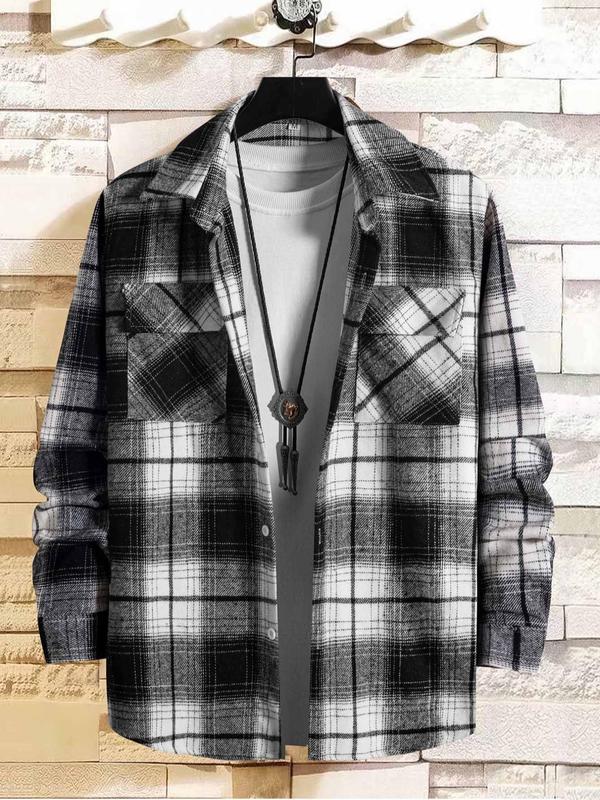 Men's Tartan Print Button Front Pocket Shirt Without Tee & Necklace, Regular Fit Casual Soft Comfortable Long Sleeve Collared Top For Fall & Winter, Men's Clothes For Daily Wear