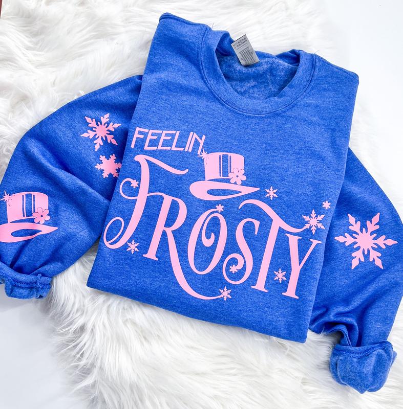 Feelin' Frosty Retro Christmas Sweatshirt or Hoodie with sleeve prints Comfy Unisex Tops