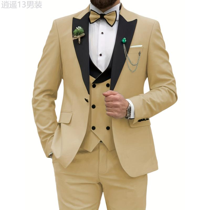 3pcs Men's Slim Fit Double Breasted Suit Set - Classic Lapel Jacket, Vest, and Suit Pants for Wedding, Banquet, Party, Business Occasions - High-Quality Male Clothing for Formal Events Menswear Polyester Collar Tops