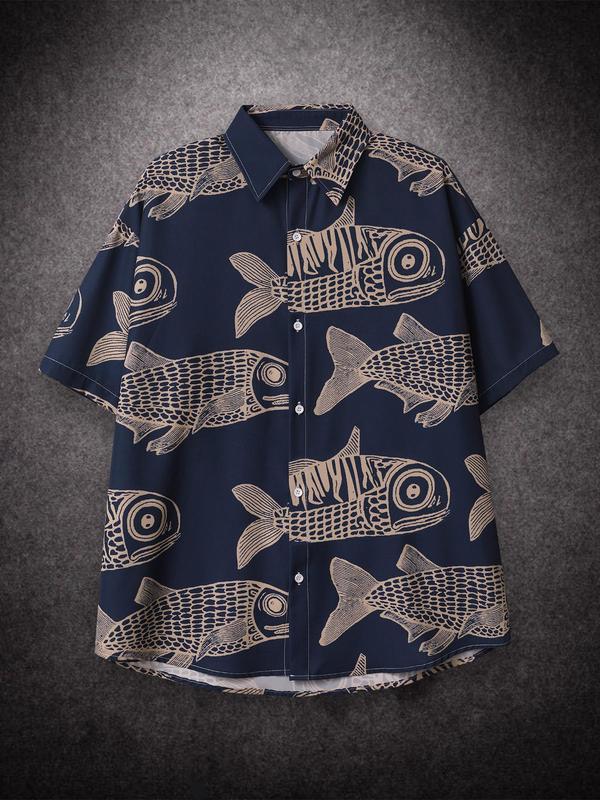 Men's Fish Print Button Front Shirt, Loose Casual Short Sleeve Collar Shirt for Summer, Men's Top for Beach Vacation