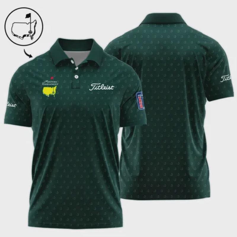 Golf M \sters Tournament T1tle1st Polo Shirt: Gold Green Logo Pattern All Over Print for Men - Perfect Golf Sports Attire