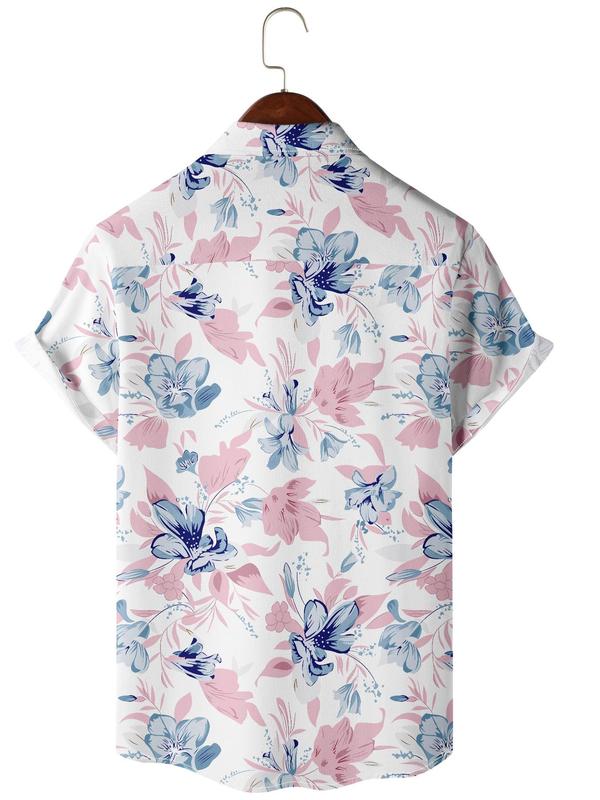 Men's All Over Floral Print Button Front Shirt, Regular Fit Casual Short Sleeve Collared Shirt for Summer, Men's Top for Holiday Vacation