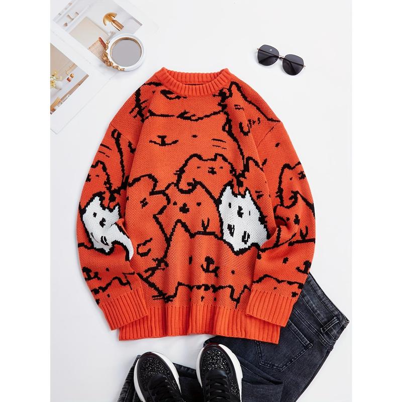 Men's Autumn and Winter Cute Cat Pattern Knitted Sweater, Leisure Warm Micro-Elastic Boat Neck Pullover Sweater