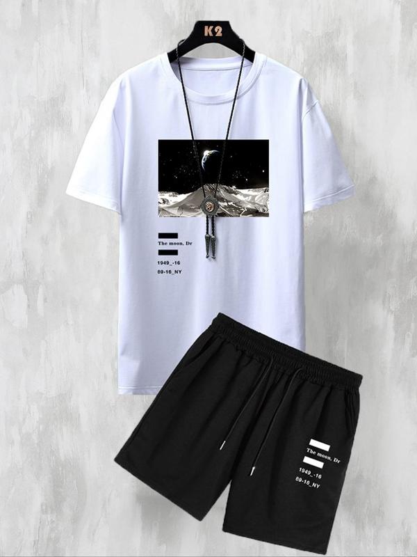 Two Four Six Pieces Men's Landscape Graphic Print Shorts Set, Casual Drop Shoulder Tee & Drawstring Shorts, Fashion Cozy Breathable Men Outfits for Summer, Men's 2 Piece Short Set, Summer Clothes