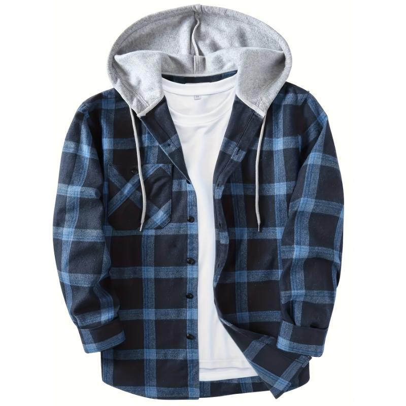 Long Sleeve Men's Plaid Pattern Hooded Shirt Jacket with Chest Pocket, Casual Fall Winter Outwear Menswear Streetwear Pants