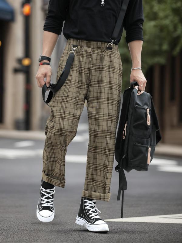 Men's Plaid Print Pocket Elastic Waist Suspender Pants, Regular Fit Casual Adjustable Strap Straight Leg Trousers for Spring & Fall,  Pants for Men, Fashion Men's Bottoms for Daily Wear, Fall Clothing