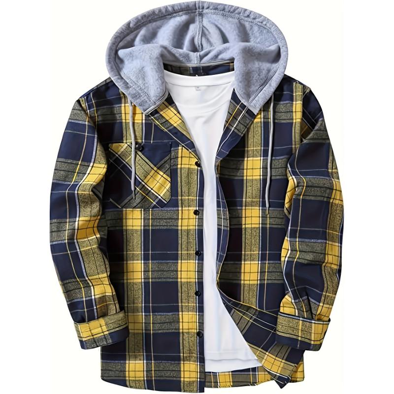 Long Sleeve Men's Plaid Pattern Hooded Shirt Jacket with Chest Pocket, Casual Fall Winter Outwear Menswear Streetwear Pants