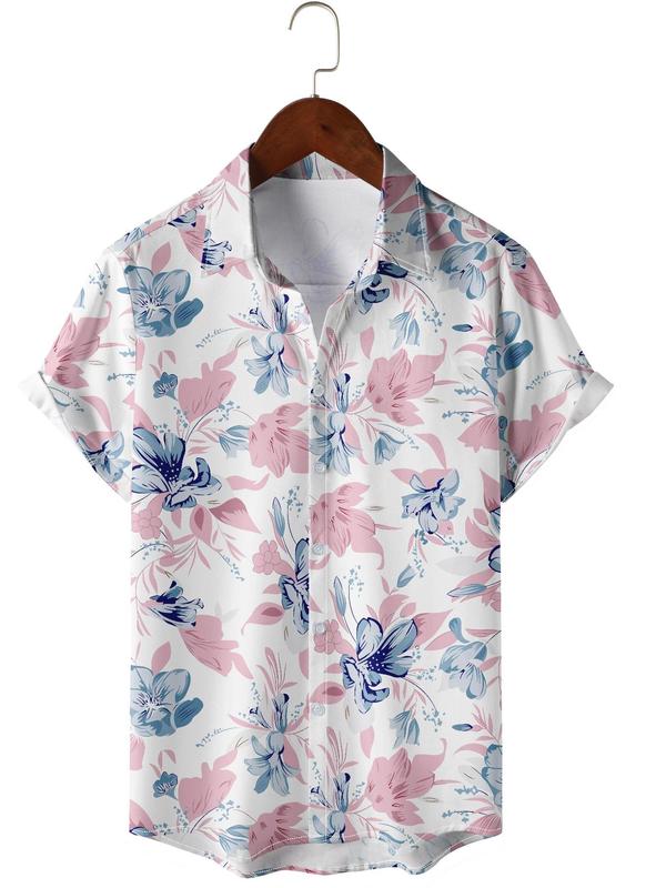 Men's All Over Floral Print Button Front Shirt, Regular Fit Casual Short Sleeve Collared Shirt for Summer, Men's Top for Holiday Vacation