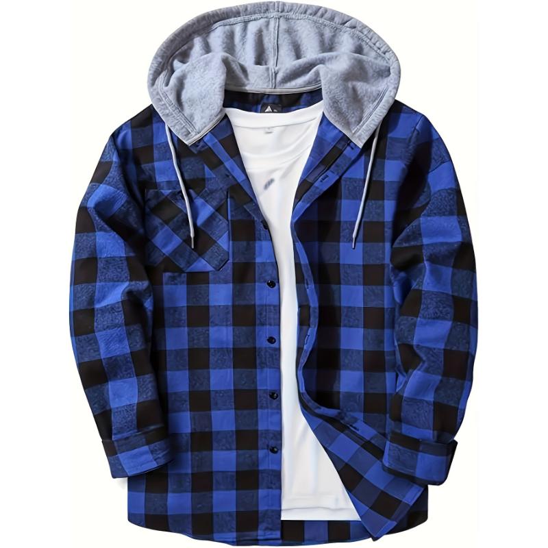 Long Sleeve Men's Plaid Pattern Hooded Shirt Jacket with Chest Pocket, Casual Fall Winter Outwear Menswear Streetwear Pants