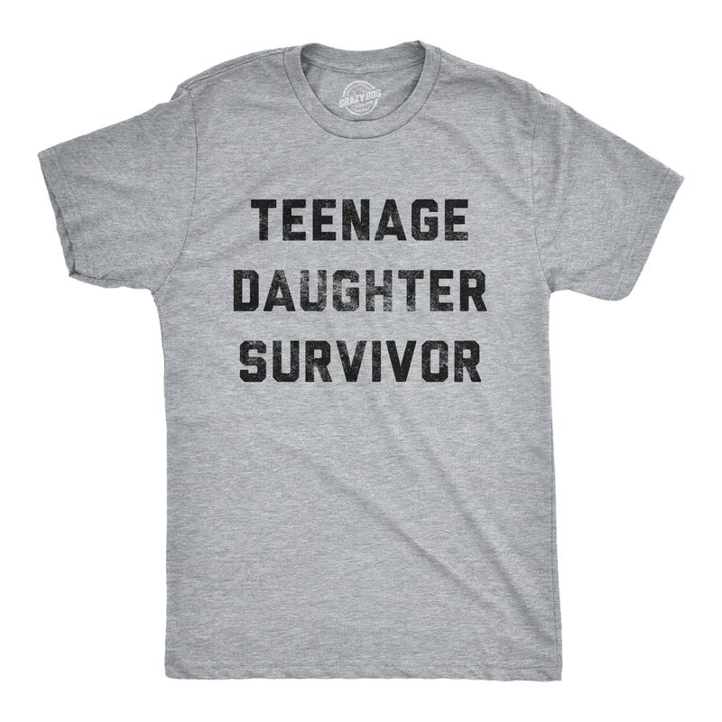 Mens Teenage Daughter Survivor T shirt Funny Fathers Day Tee for Dad Mens Funny T Shirts Cool Slimming Tees with Plus Sizes Dad Joke T Shirt for Men Funny Sarcastic T Shirt Novelty Tees for Men Light Grey