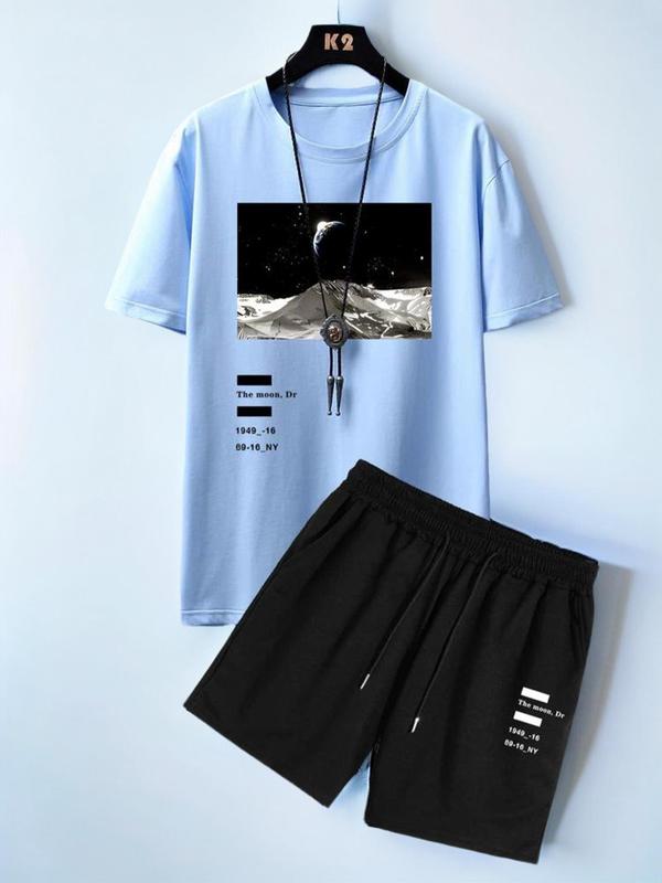 Two Four Six Pieces Men's Landscape Graphic Print Shorts Set, Casual Drop Shoulder Tee & Drawstring Shorts, Fashion Cozy Breathable Men Outfits for Summer, Men's 2 Piece Short Set, Summer Clothes