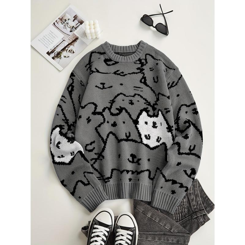 Men's Autumn and Winter Cute Cat Pattern Knitted Sweater, Leisure Warm Micro-Elastic Boat Neck Pullover Sweater