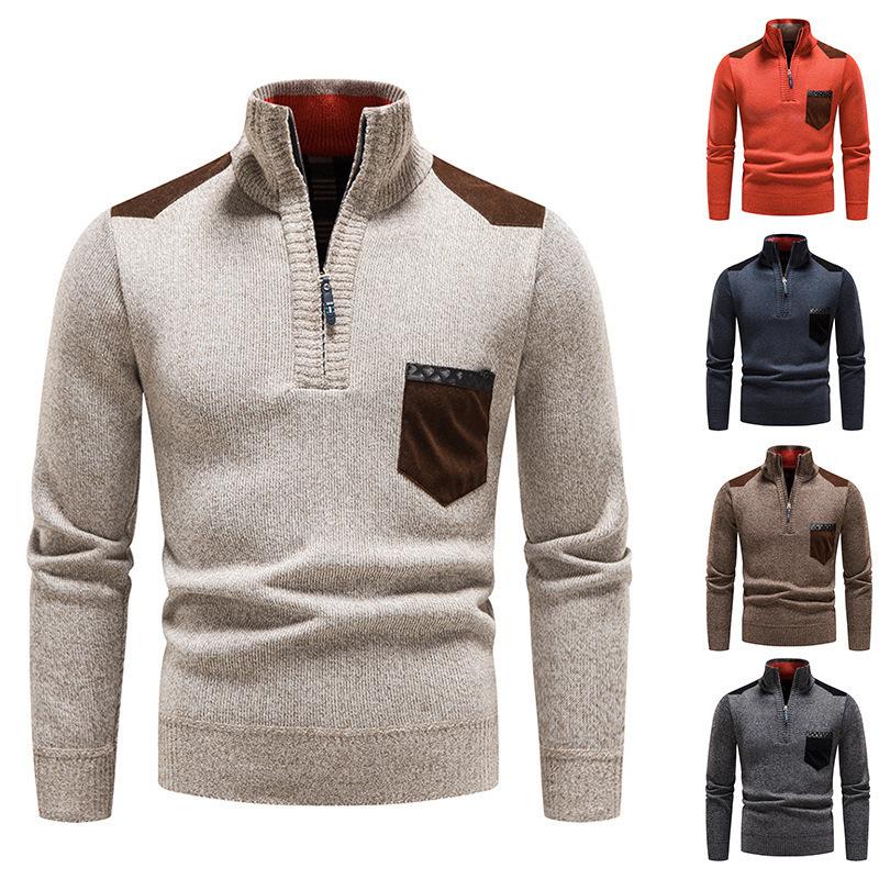 New Autumn and Winter Sweaters Men's Clothing Business Stand Collar Pullover Sweater Casual Fleece-lined Men's Knitwear Coat