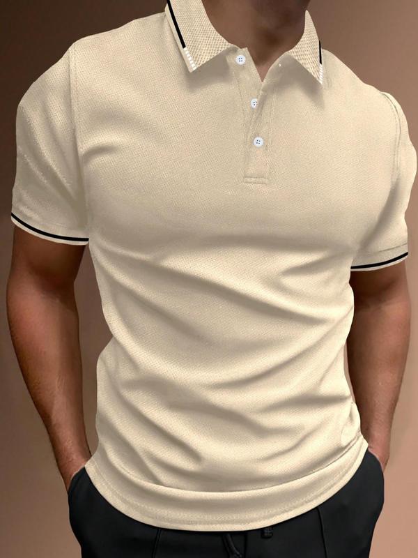 Men's Regular Fit Contrast Binding Short Sleeve Polo Shirt, Casual Streetwear Solid Button Front Top for Summer, Fashion Men's Clothes for Daily Wear