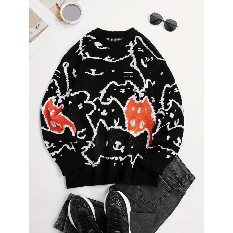 Men's Autumn and Winter Cute Cat Pattern Knitted Sweater, Leisure Warm Micro-Elastic Boat Neck Pullover Sweater