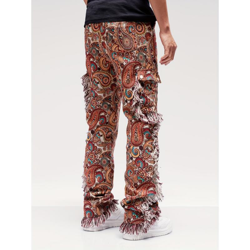 Men's Vintage Butterfly Pattern Loose Straight Leg Long Pants - Hip Hop Style Denim Jeans for Outdoor Activities with Raw Hem Design and Relaxed Fit Menswear Polyester Underwear Trouser Human Fabric Floral Fashion