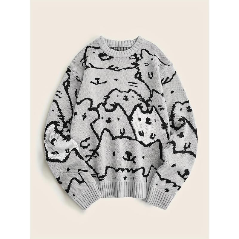 Men's Autumn and Winter Cute Cat Pattern Knitted Sweater, Leisure Warm Micro-Elastic Boat Neck Pullover Sweater