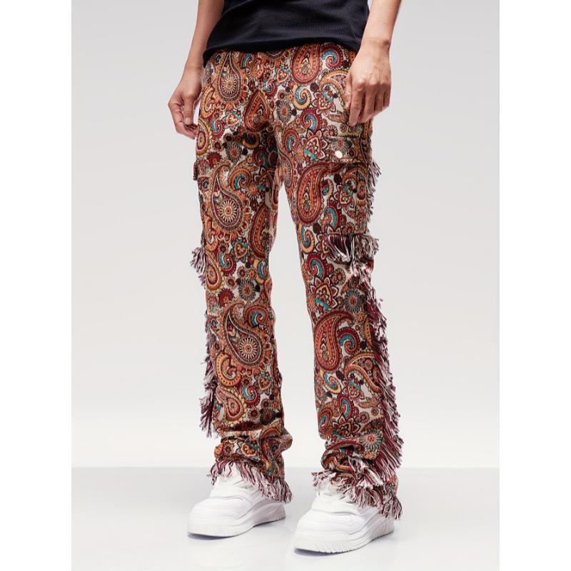 Men's Vintage Butterfly Pattern Loose Straight Leg Long Pants - Hip Hop Style Denim Jeans for Outdoor Activities with Raw Hem Design and Relaxed Fit Menswear Polyester Underwear Trouser Human Fabric Floral Fashion