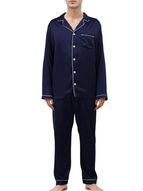 Two-Piece Set Men's Contrast Binding Pajama Set, Regular Fit Long Sleeve Button Up Lapel Shirt & Pants PJ Set, Men's Sleepwear for Spring & Fall