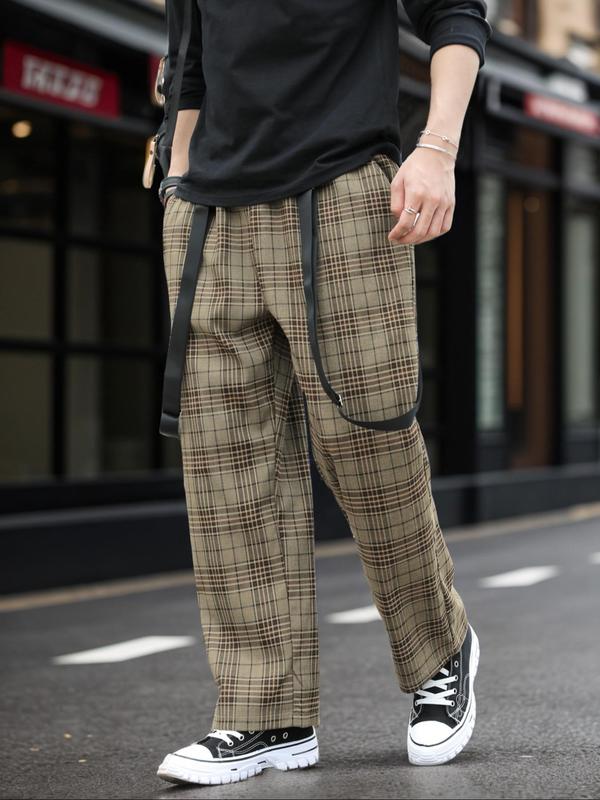 Men's Plaid Print Pocket Elastic Waist Suspender Pants, Regular Fit Casual Adjustable Strap Straight Leg Trousers for Spring & Fall,  Pants for Men, Fashion Men's Bottoms for Daily Wear, Fall Clothing