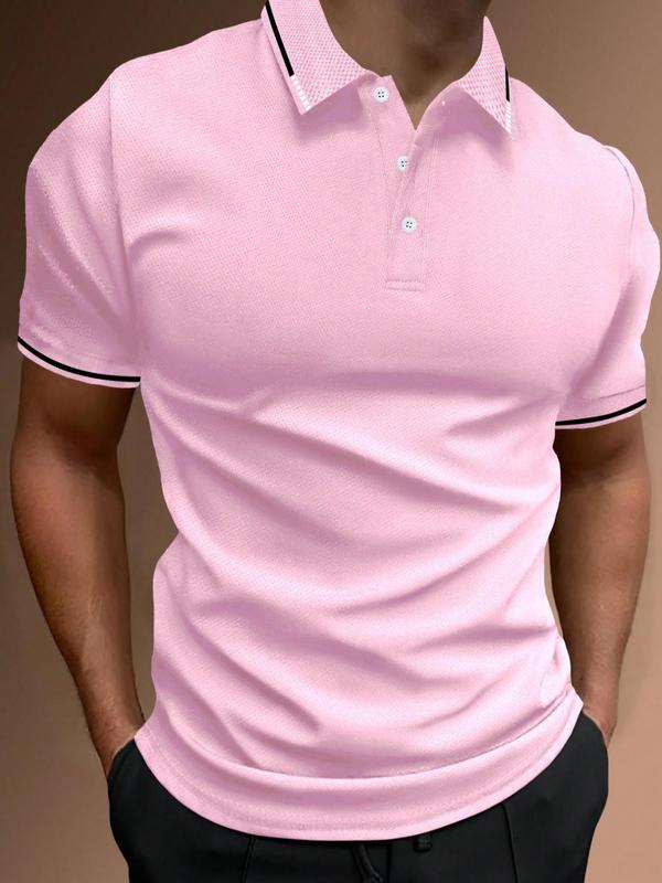 Men's Regular Fit Contrast Binding Short Sleeve Polo Shirt, Casual Streetwear Solid Button Front Top for Summer, Fashion Men's Clothes for Daily Wear