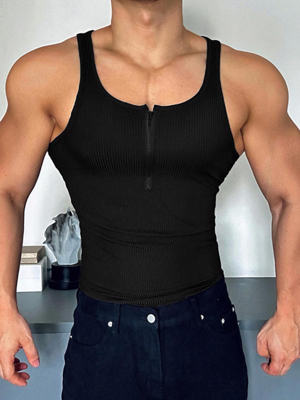 Men's Solid Color Half Zip Scoop Neck Tank Top, Regular Fit Casual Racer Back Sleeveless Top for Daily Wear, Men's Clothes for All Seasons