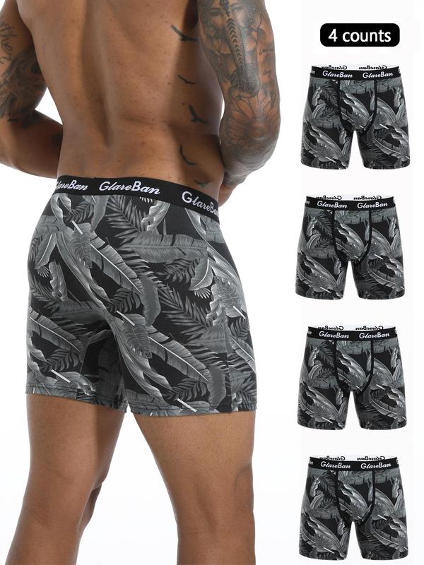 Men's Leaf   Print Letter Tape Boxer Brief, Casual Comfy Breathable Underwear for Daily Wear, Men's Underwear for All Seasons