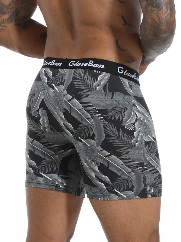 Men's Leaf   Print Letter Tape Boxer Brief, Casual Comfy Breathable Underwear for Daily Wear, Men's Underwear for All Seasons